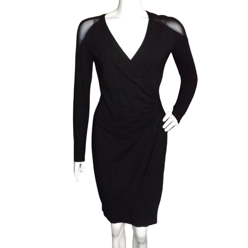CACHE Dress, M, Black, Sheer Mesh Cutout, Gathered waist, Long sleeves, Rayon